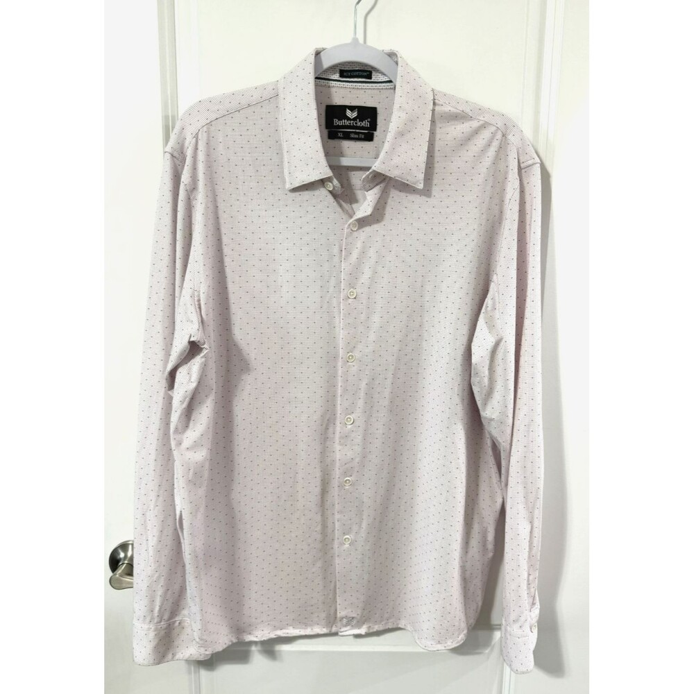 NWOT Butter Cloth XL Slim Fit Icy Cotton white pink Micro Print Button Down